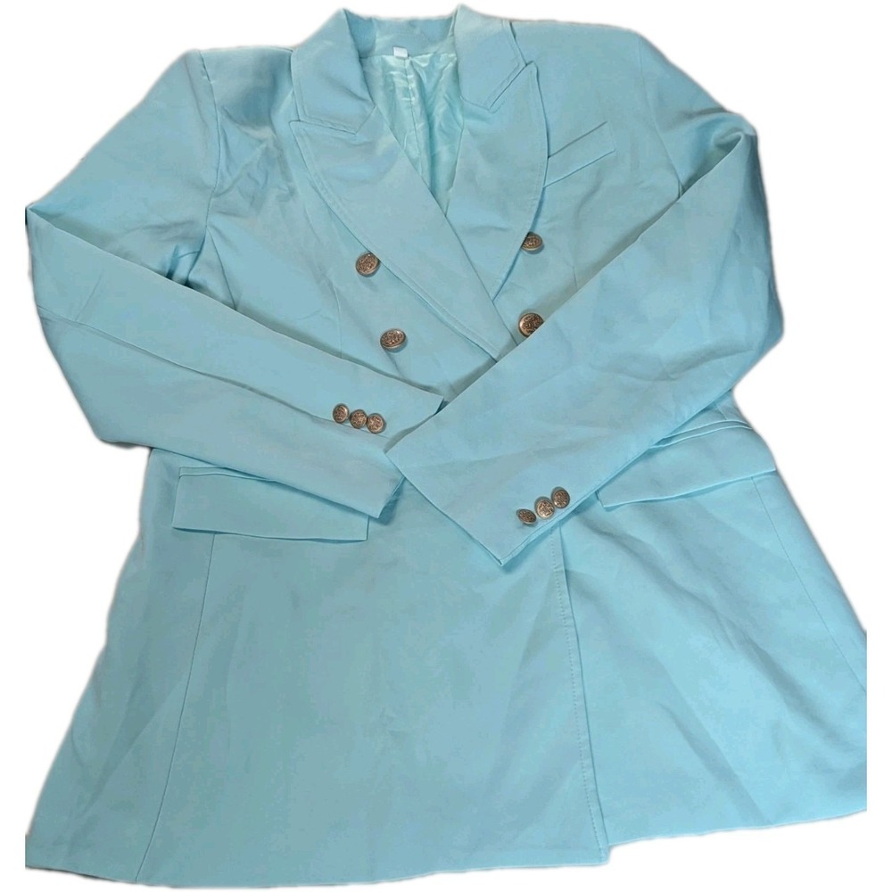 Women's  Aqua Mint Double Breasted Blazer Gold Buttons Size Large Classic Office